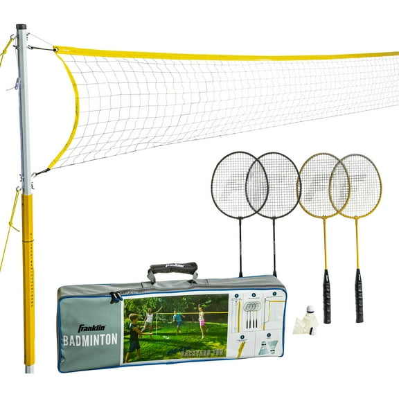 Franklin Sports Badminton Net Family Set - Includes 4 Steel Rackets, 2 Birdies, Adjustable Net and Stakes - Backyard or Beach Badminton Set - Easy Net Setup