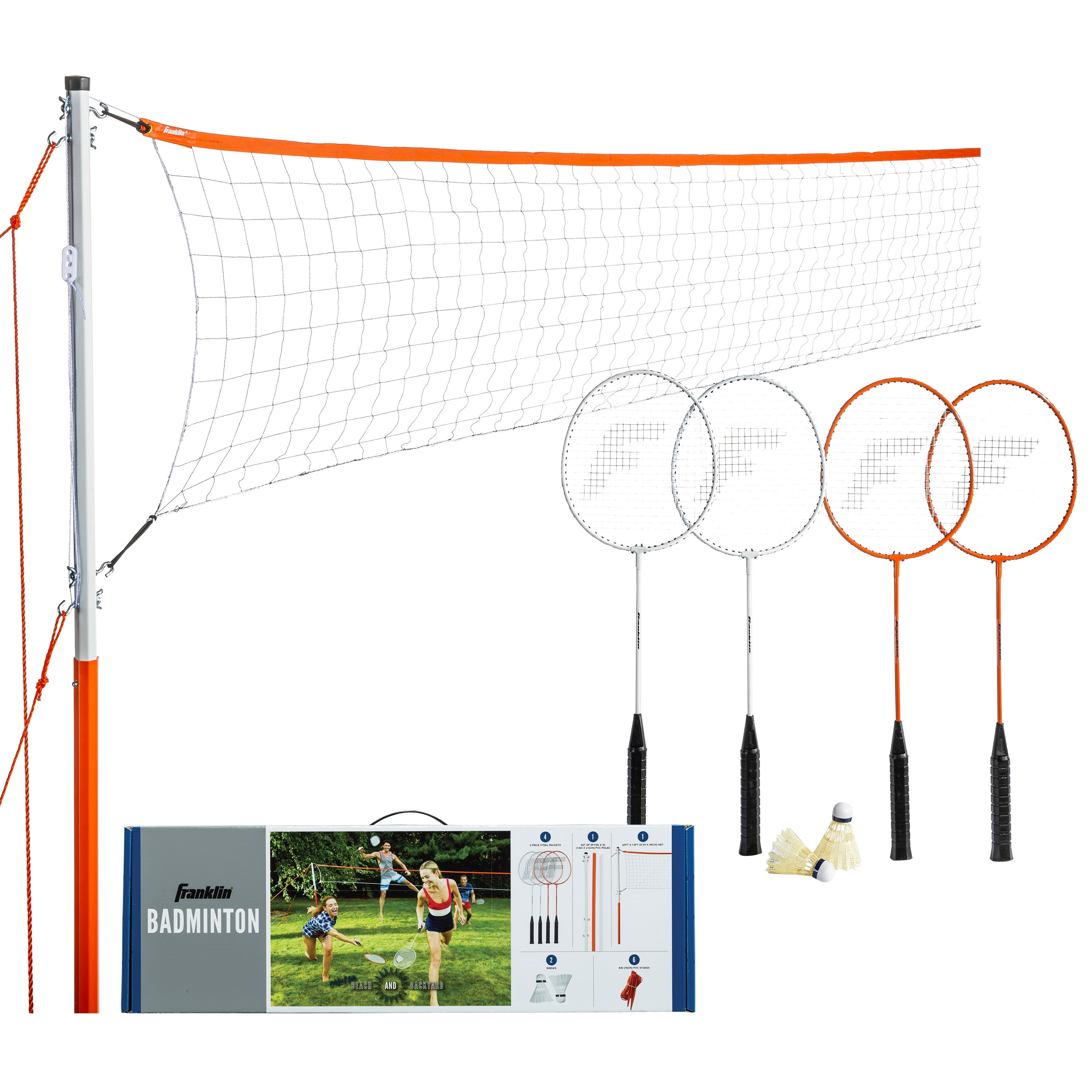 Franklin Sports Badminton Net Starter Set - Includes 4 Steel Rackets, 2 Birdies, Adjustable Net and Stakes - Backyard or Beach Badminton Set - Easy Net Setup