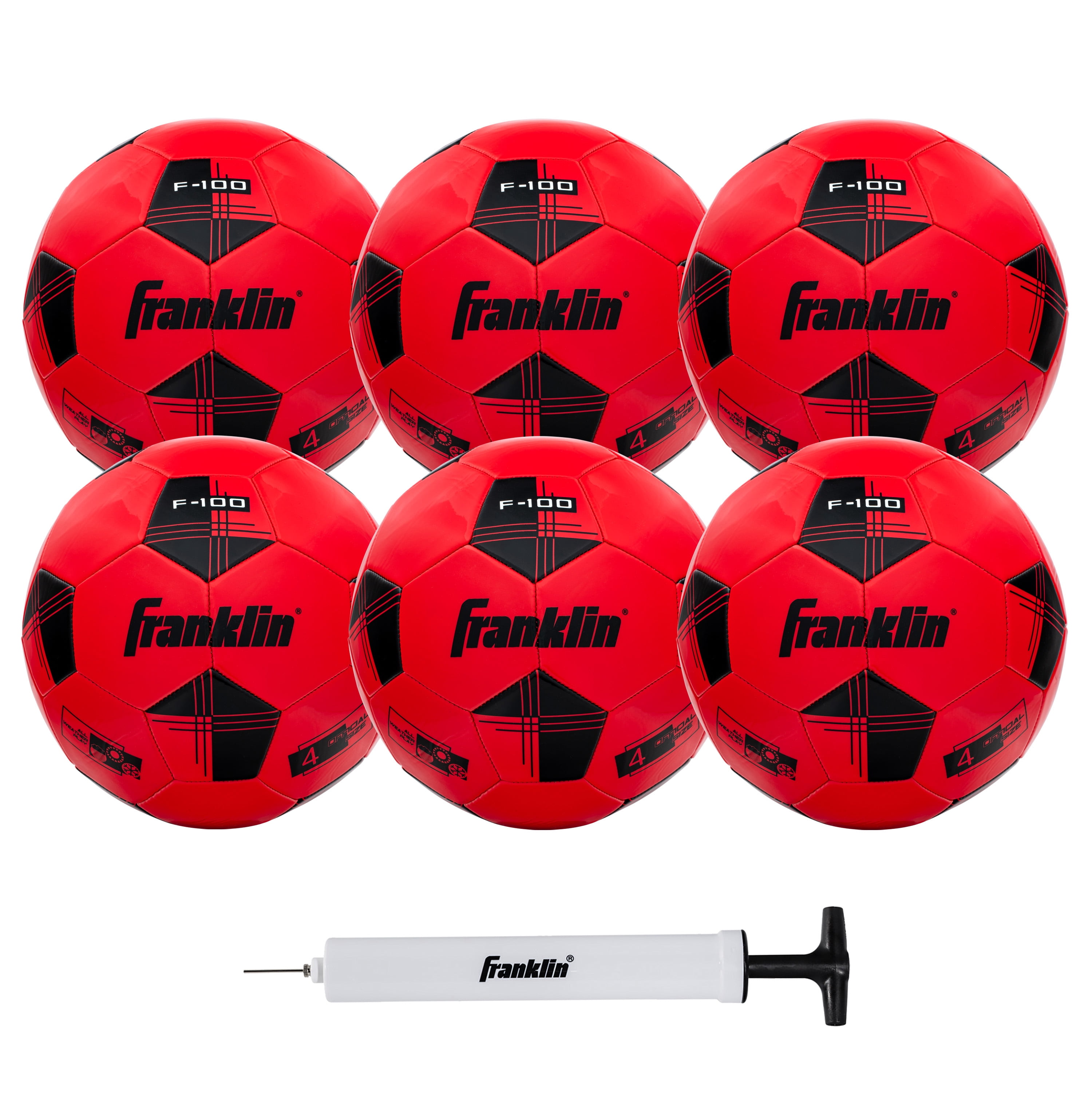 Franklin Sports Competition 100 Soccer Ball - 6 Pack with Pump, Size 4, Black and Red