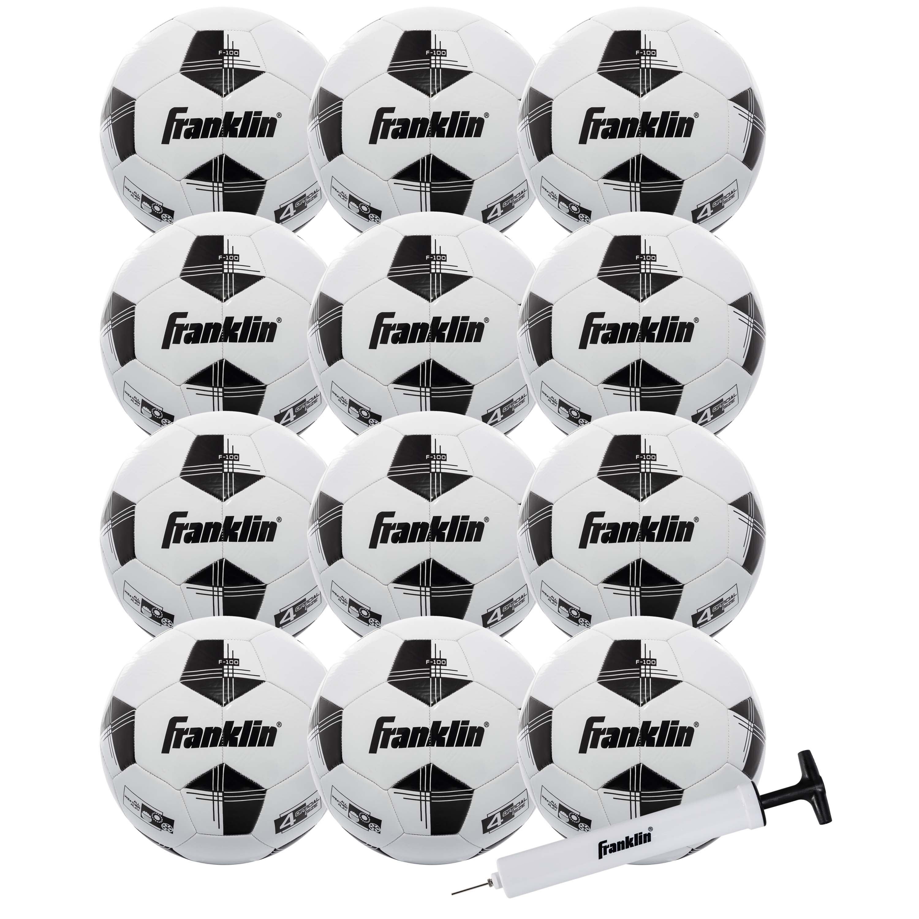Franklin Sports Competition 100 Soccer Balls - 12 Pack Deflated with Pump - Size 4 - White/Black