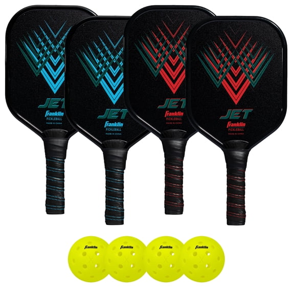 Franklin Sports Jet Pickleball Paddle Set, 4 Paddles, 4 x-40 Balls, Blue, Red