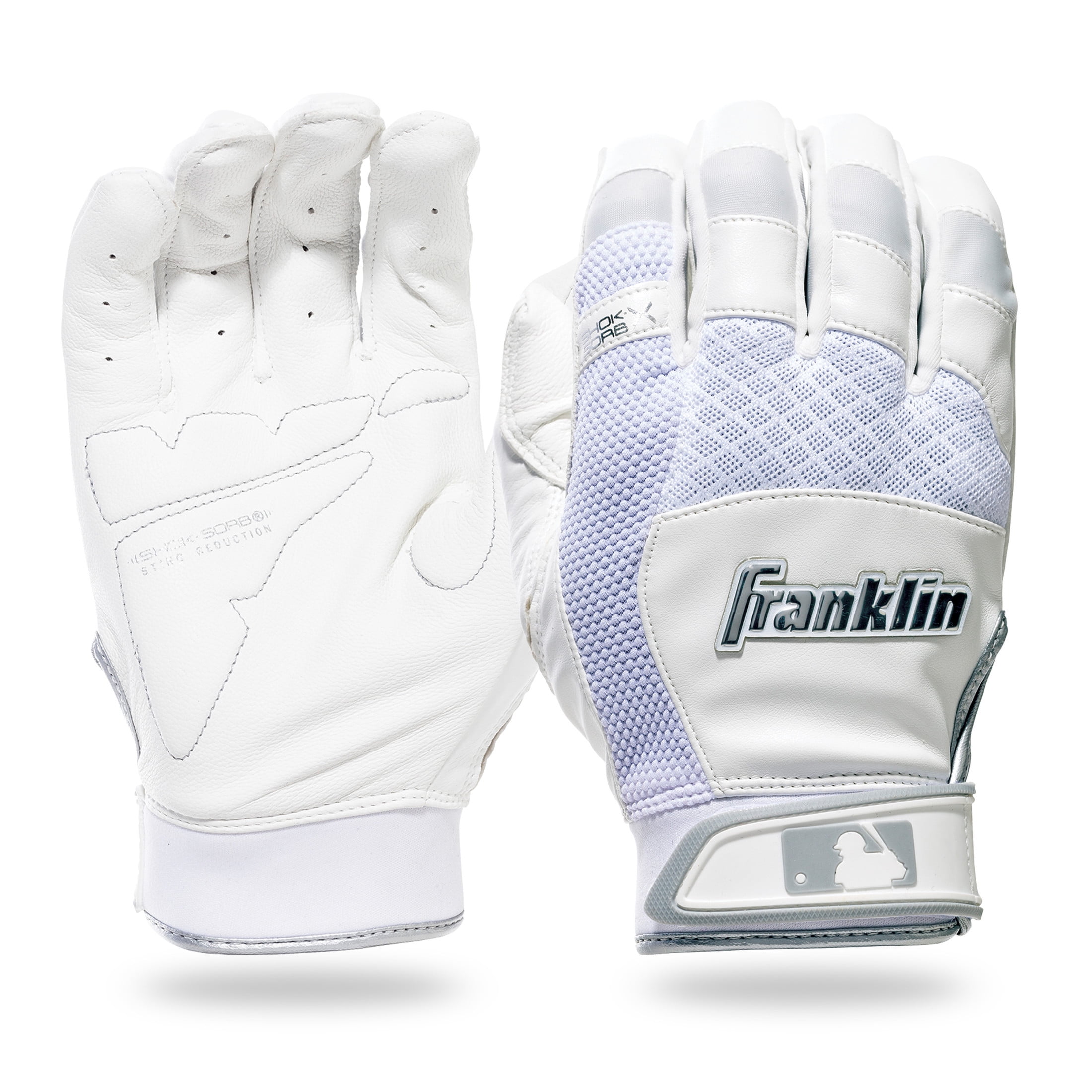 Franklin Sports MLB Baseball Batting Gloves - Shok-Sorb X Batting Gloves for Baseball + Softball - Adult + Youth Padded Non-Sting Pair - White + Chrome - Youth Medium