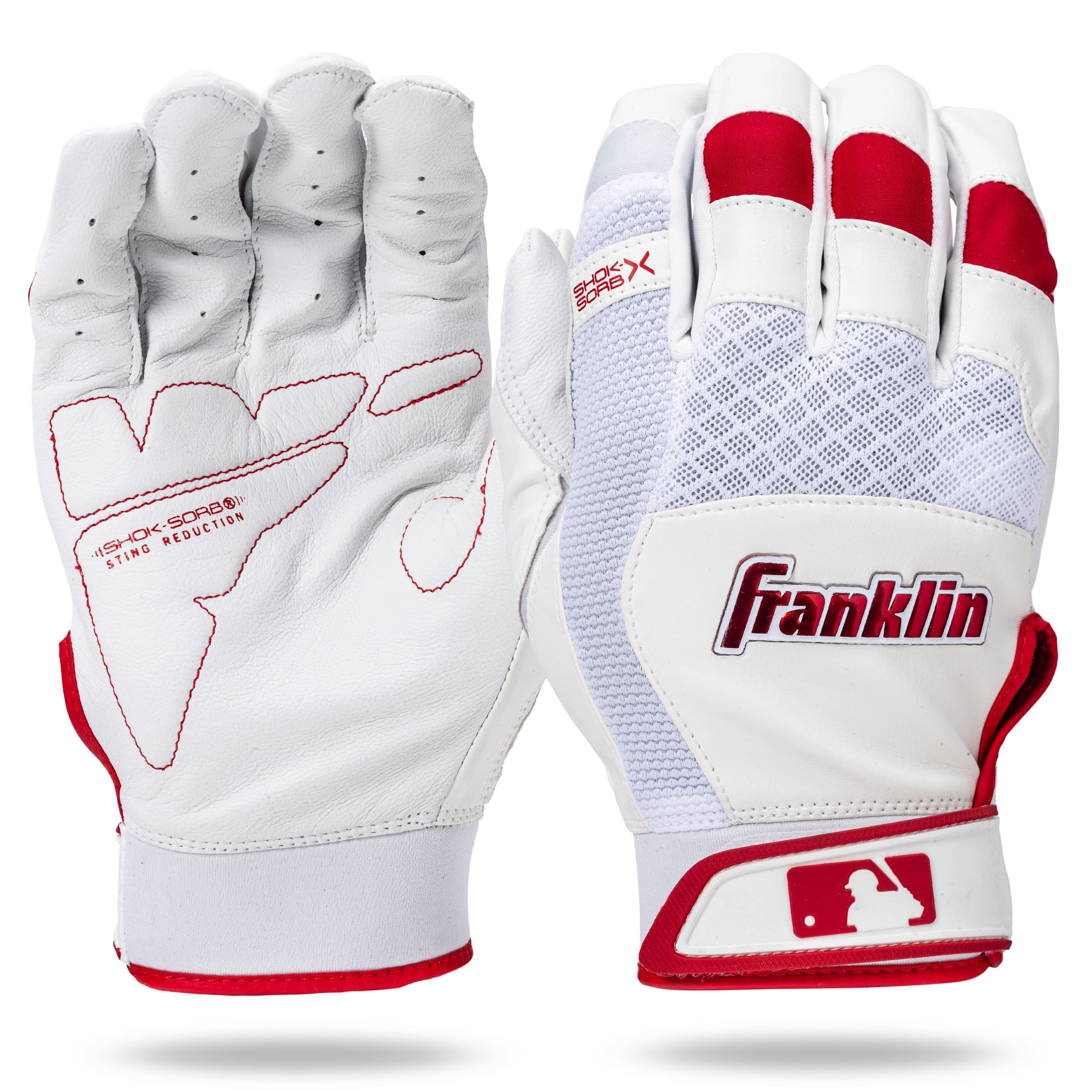 Franklin Sports MLB Baseball Batting Gloves - Shok-Sorb X Batting Gloves for Baseball + Softball - Adult + Youth Padded Non-Sting Pair - White + Red Chrome - Adult Small