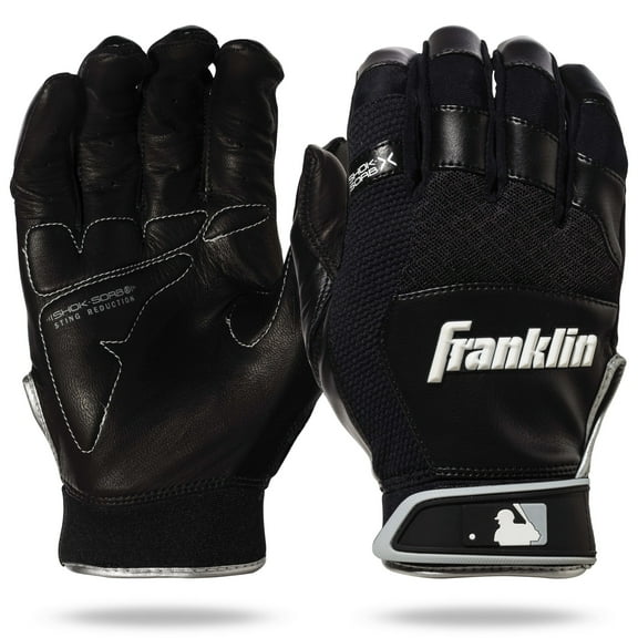 Franklin Sports MLB Baseball Batting Gloves - Shok-Sorb X Batting Gloves for Baseball + Softball - Adult + Youth Padded Non-Sting Pairs - Black/Black - Adult Large