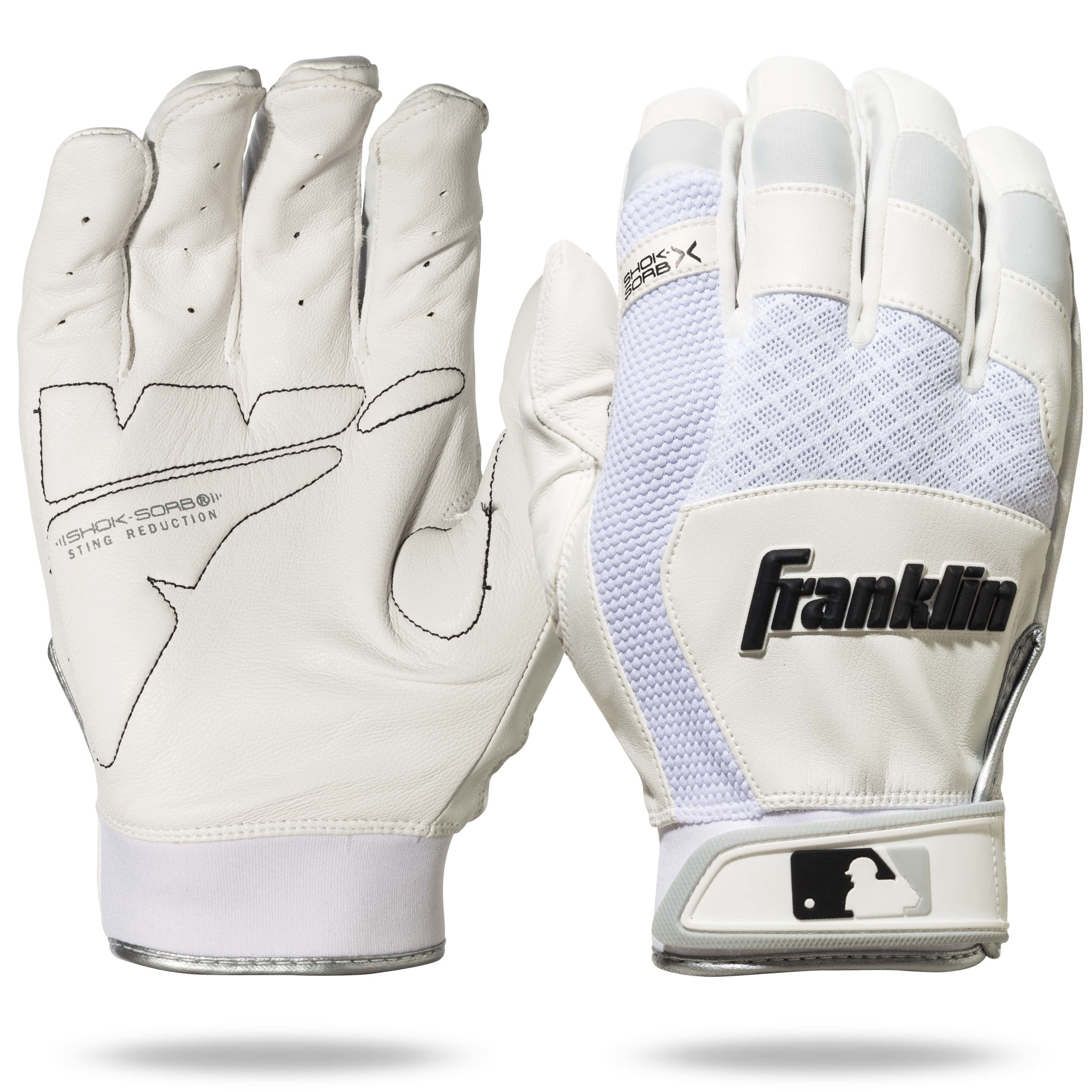 Franklin Sports MLB Baseball Batting Gloves - Shok-Sorb X Batting Gloves for Baseball + Softball - Adult + Youth Padded Non-Sting Pairs - White - Adult Large