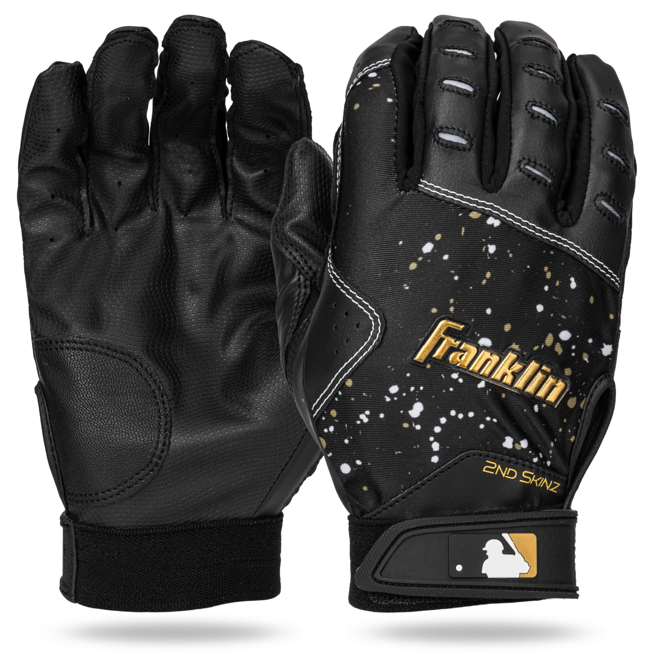 Franklin Sports MLB Batting Gloves - 2nd Skinz Drip Baseball + Softball Batting Gloves - Adult + Youth Premium Leather Pair - Black + Gold - Adult Large