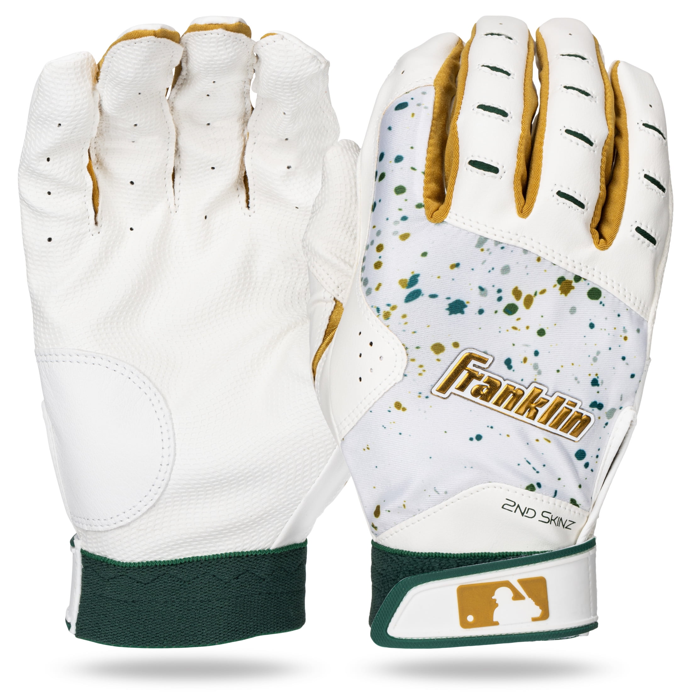 Franklin Sports MLB Batting Gloves - 2nd Skinz Drip Baseball + Softball Batting Gloves - Adult + Youth Premium Leather Pair - White + Forest Green - Adult Medium