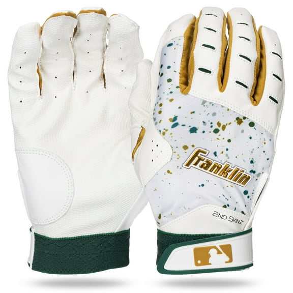 Franklin Sports MLB Batting Gloves - 2nd Skinz Drip Baseball + Softball Batting Gloves - Adult + Youth Premium Leather Pair - White + Forest Green - Adult Small