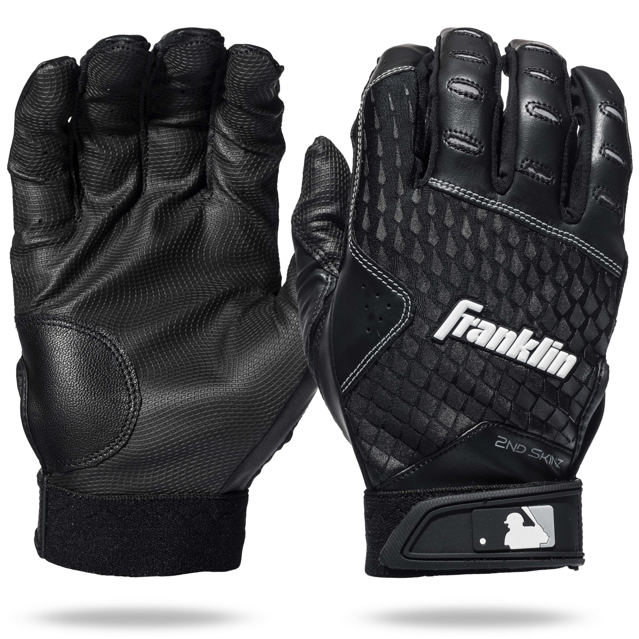 Franklin Sports MLB Batting Gloves - 2nd Skinz Youth Batting Gloves - Baseball + Softball Gear - Kids Black Pair - Youth Large