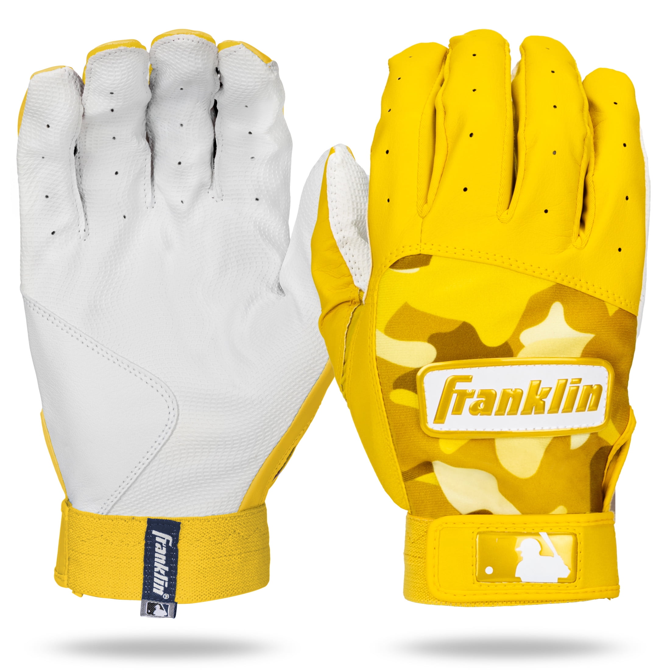 Franklin Sports MLB Batting Gloves - Digitek Camo Baseball + Softball Batting Gloves - Premium Leather Baseball Batting Gloves - Batting Glove Pair - White + Yellow - Adult Extra Large