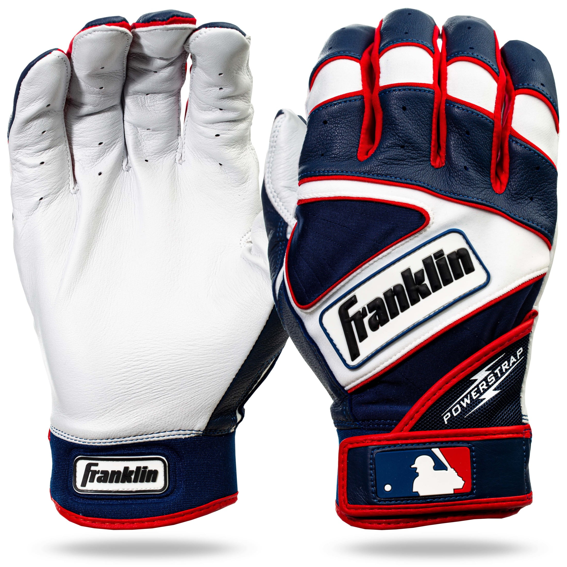 Franklin Sports MLB Batting Gloves - Powerstrap Adult + Youth Batting Gloves - Baseball + Softball Batting Glove - Men's Pair - Adult X-Large - Wht/Navy/Red