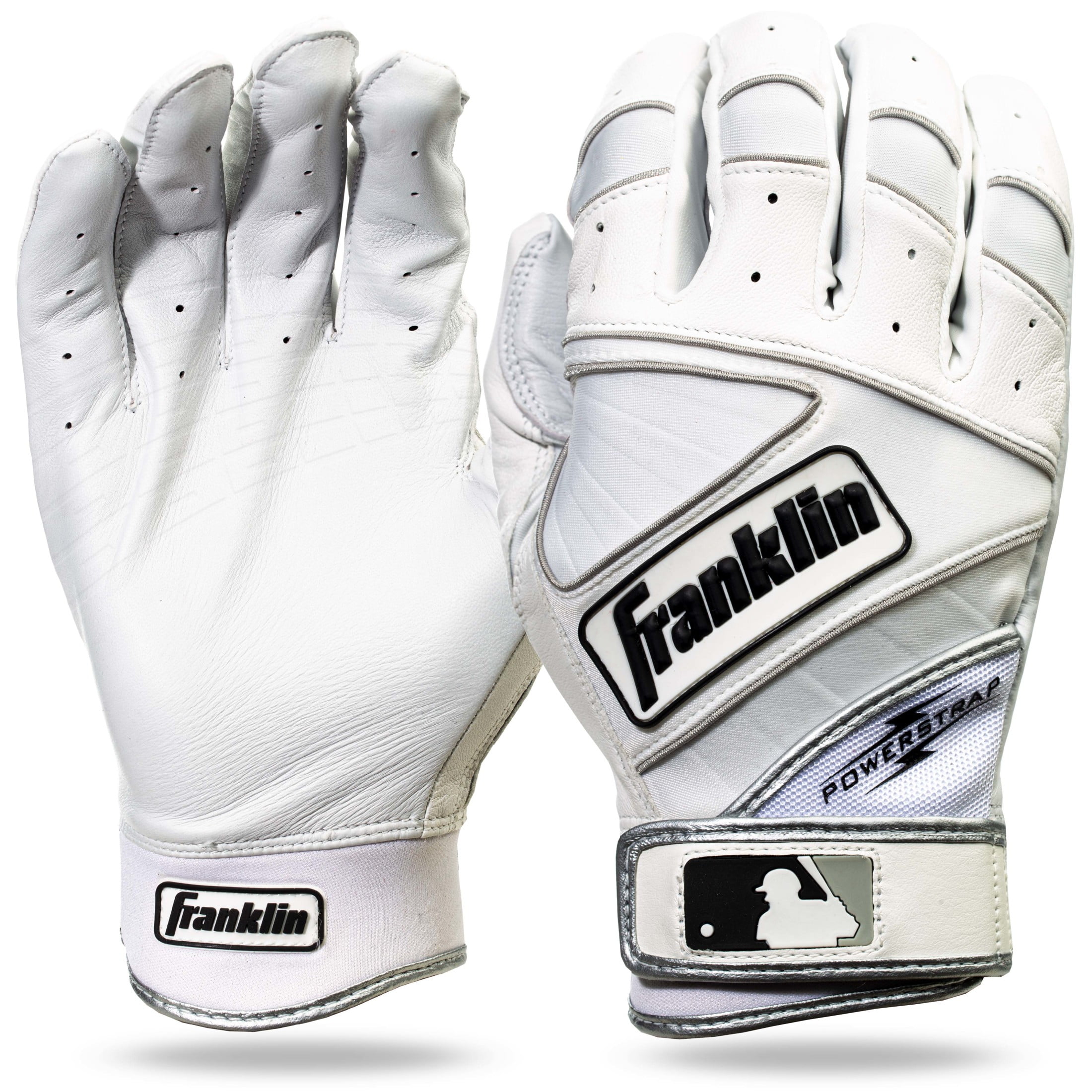 Franklin Sports MLB Batting Gloves - Powerstrap Adult + Youth White Batting Gloves - Baseball + Softball Batting Glove - Men's Gloves - Pair - Adult Small