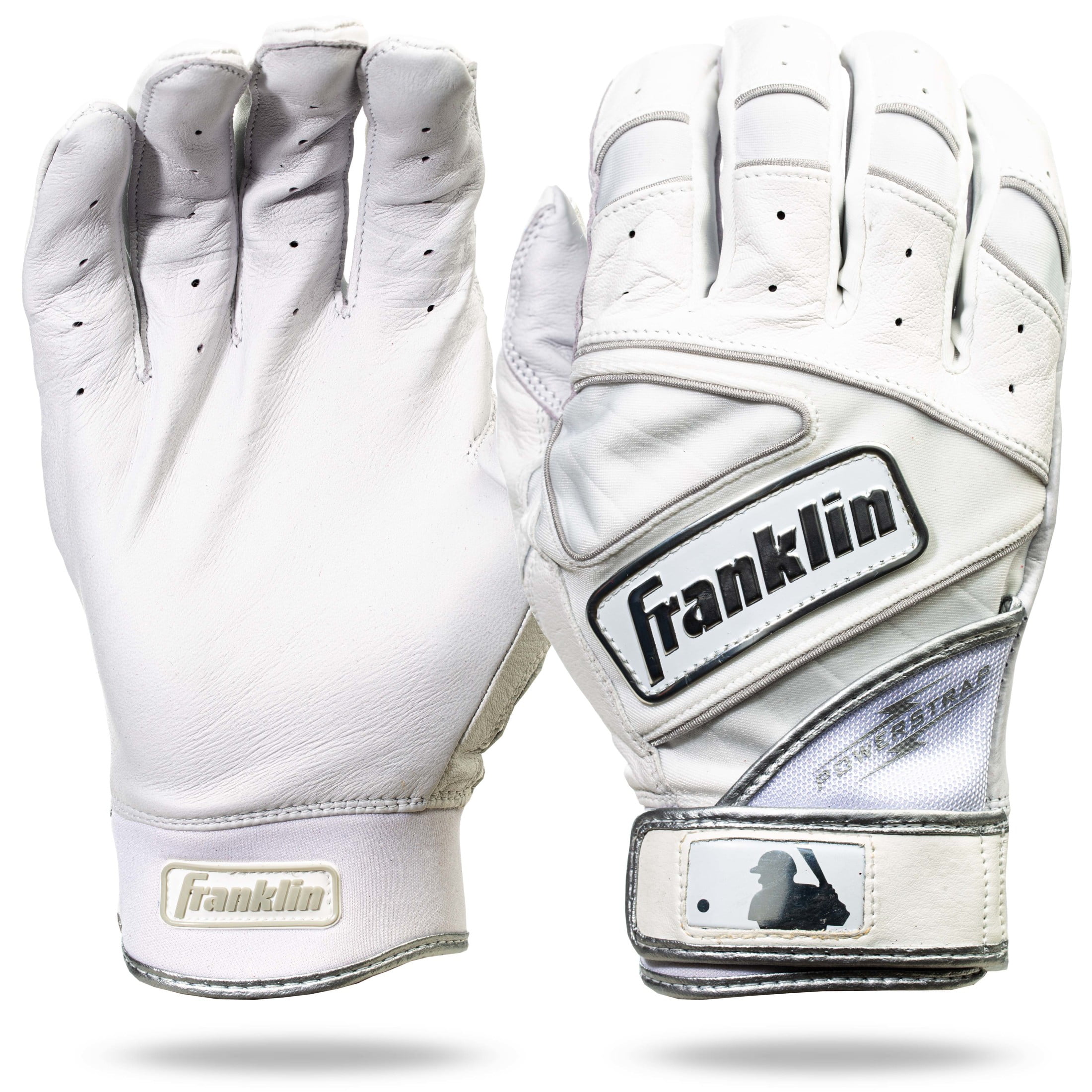 Franklin Sports MLB Batting Gloves - Powerstrap Chrome Adult Men's + Youth Batting Gloves Pair - Baseball + Softball Gloves - White - Adult Medium