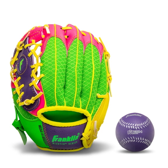 Franklin Sports Meshtek Kids Teeball Glove + Ball Set, 9.5 in, Purple/Pink/Yellow, Left Hand Throw