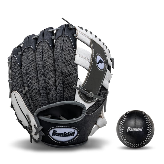 Franklin Sports Meshtek Kids Teeball Glove + Ball Set, 9.5 in, Black/White/Grey, Right Hand Throw