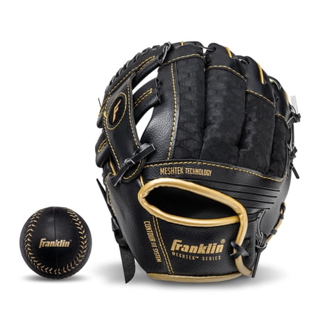 Franklin Sports Meshtek Kids Teeball Glove + Ball Set, 9.5 in, Black/Gold, Left Hand Throw