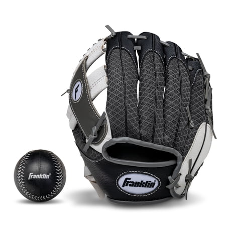 Franklin Sports Meshtek Teeball Fielding Glove with Ball - Left Hand Throw - 9.5 In. - Black, White and Grey