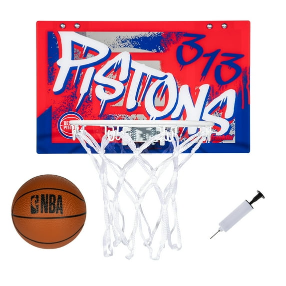 Franklin Sports NBA Detroit Pistons Over the Door Basketball Hoop - Kids Indoor Basketball Hoop with Mini Basketball - NBA Fan Shop Mini Hoop for Bedroom + Office - Over the Door Mini Hoop Set