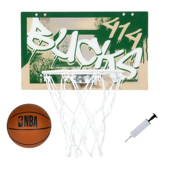 Franklin Sports NBA Milwaukee Bucks Over the Door Basketball Hoop - Kids Indoor Basketball Hoop with Mini Basketball - NBA Fan Shop Mini Hoop for Bedroom + Office - Over the Door Mini Hoop Set