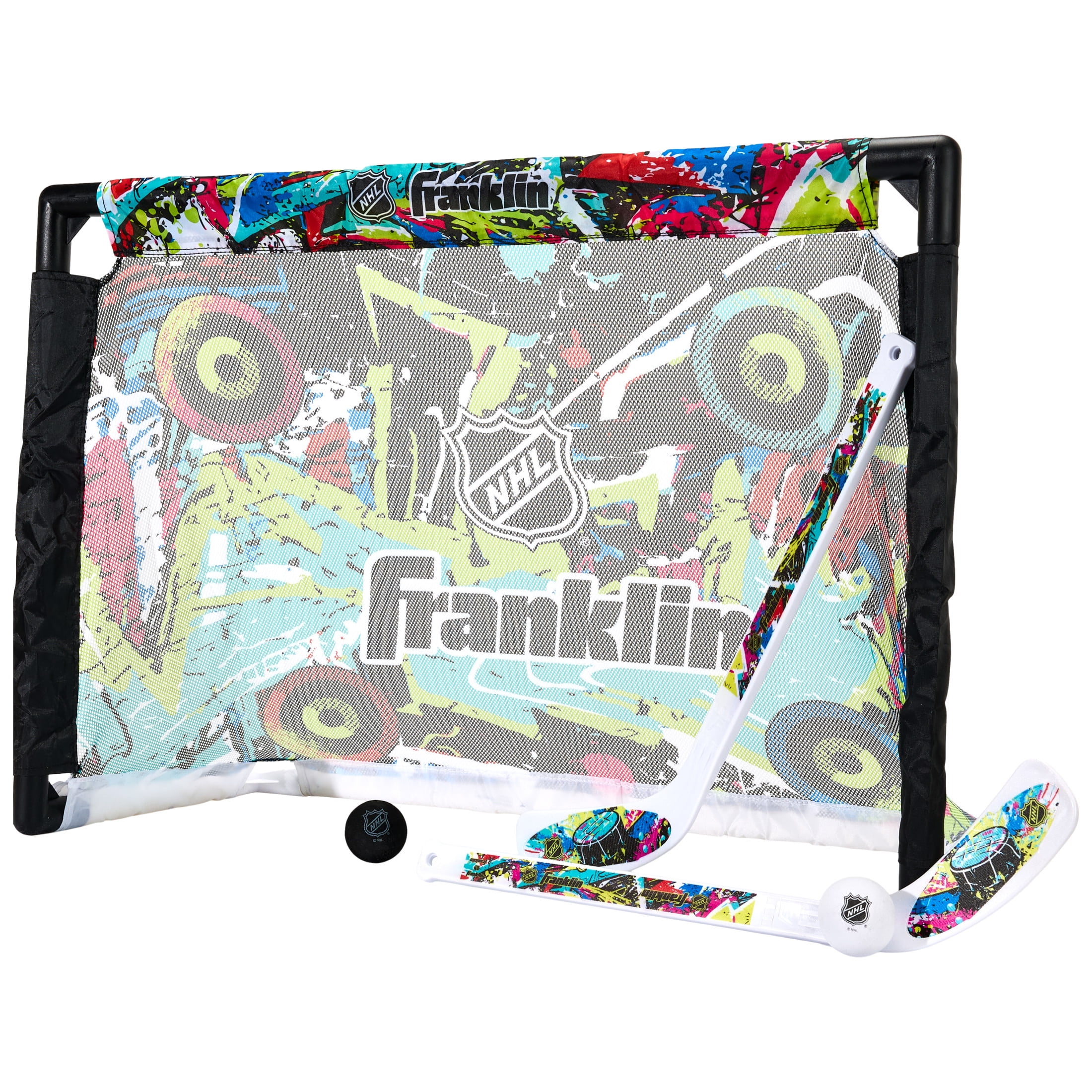 Franklin Sports NHL Kids Mini Hockey Set - Includes (1) Knee Hockey Goal, (2) Mini Sticks + (2) Foam Balls - Indoor Toy Youth Goal + Sticks Set - Graffiti