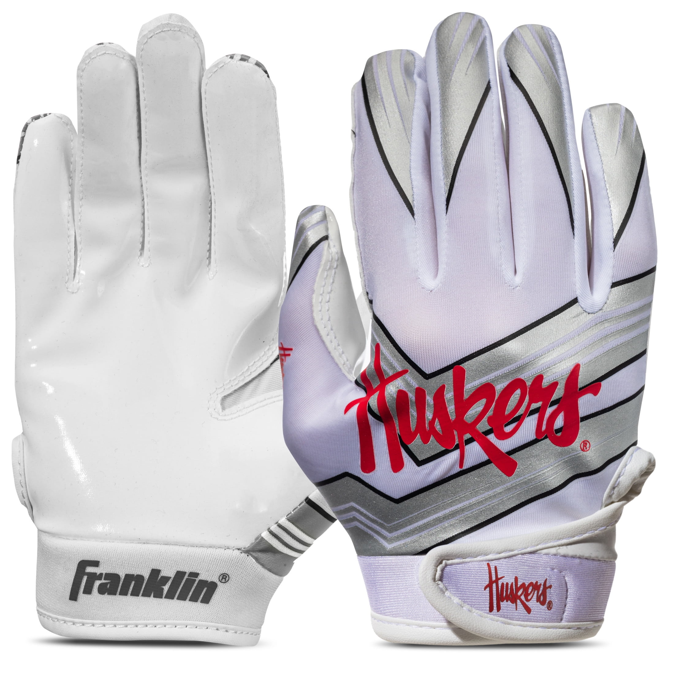 Franklin Sports Nebraska Huskers Kids Football Receiver Gloves - Youth Official NCAA College Team Football Gloves - Silicone Palm Receiver Gloves for Kids Ages 7 -10 - Youth Small/Extra Small