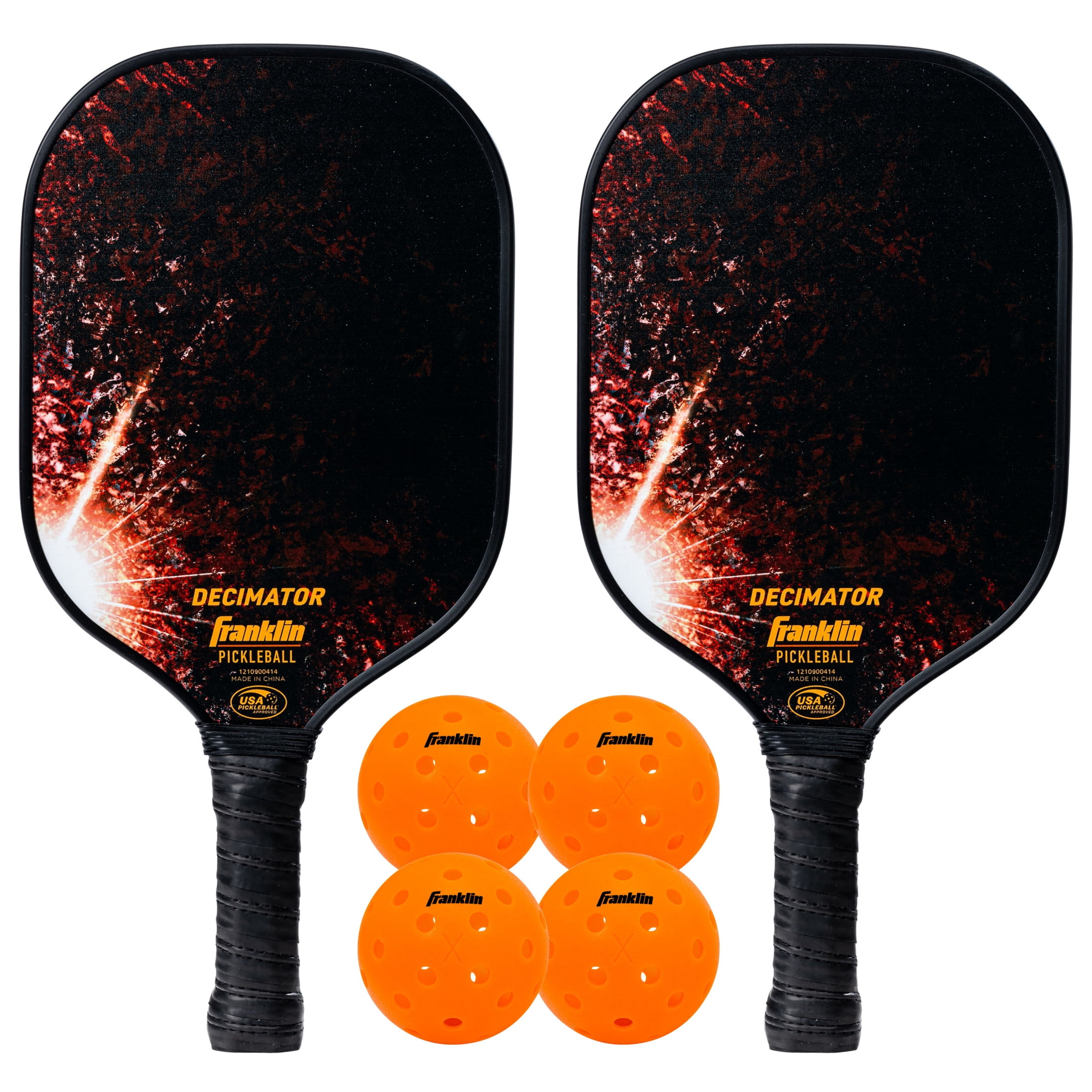 Franklin Sports Pickleball Paddle + Ball Set - Decimator 2 Player Outdoor Pickleball Paddles + Pickleballs Set - 2 Carbon Fiber Paddles + 4 X-40 Outdoor Pickleballs - USA Pickleball Approved - Orange