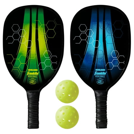 Franklin Sports Pickleball Paddle and Ball Set - Wooden Pickleball Racket & X-40 Ball- Demolisher - Blue/Green