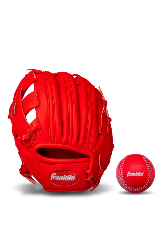 RTP Kids Teeball Glove + Ball Set - Boys + Girls Mitt - 9.5" Lefty - Red