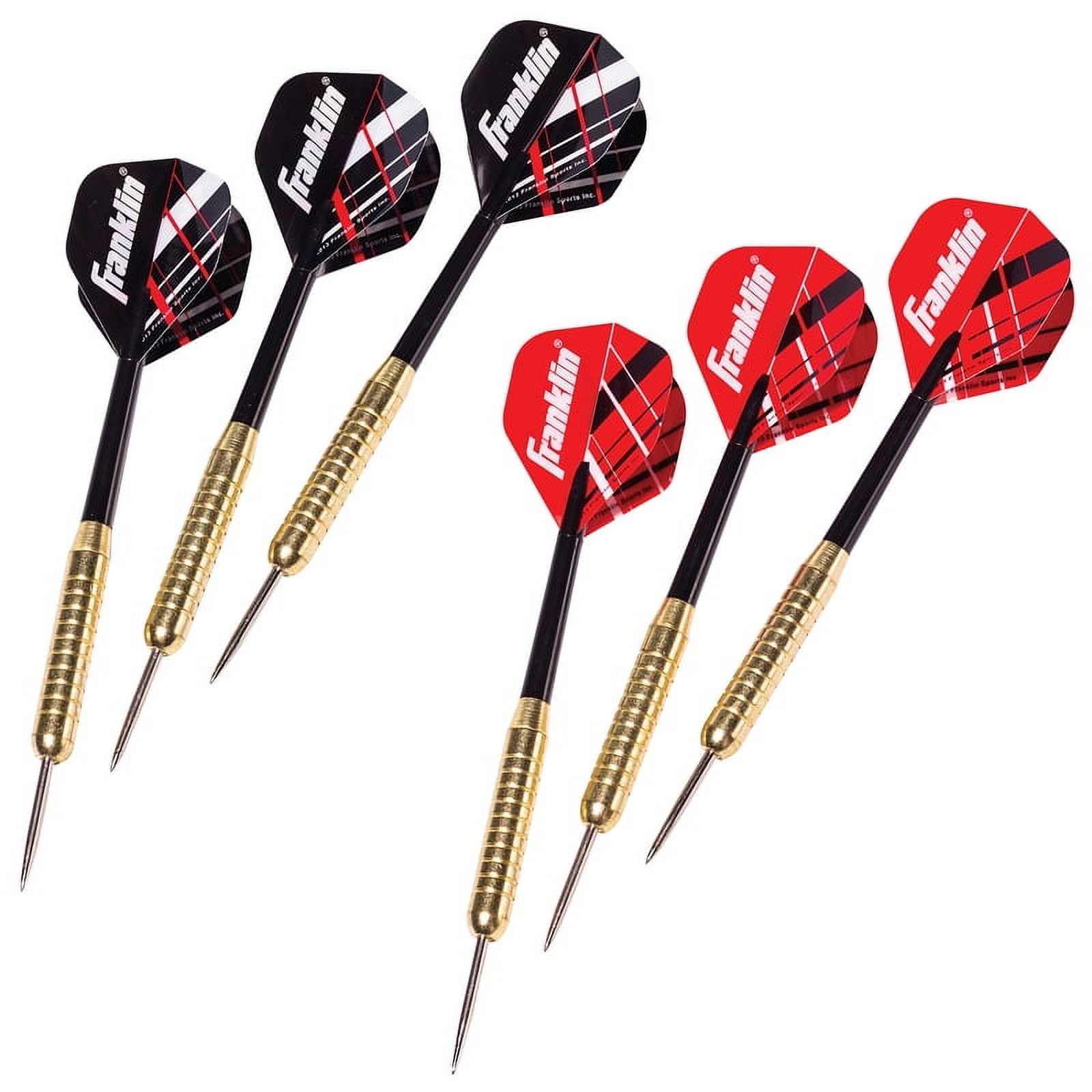 Franklin Sports Steel Tip Darts Set - 6 Pack of 18 Gram Steel Darts - Removable Standard Nylon Flights and Brass Barrels - Lightweight Full Dart Set, Red and Black