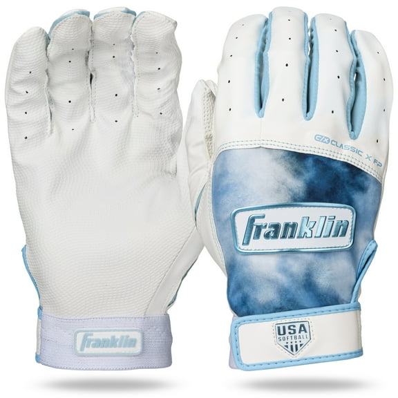 Franklin Sports USA Softball Women's Softball Batting Gloves - Classic X Fastpitch + Slowpitch Softball Girls Batting Gloves - Youth Girls Batting Glove Pair - White + Blue - Youth Small