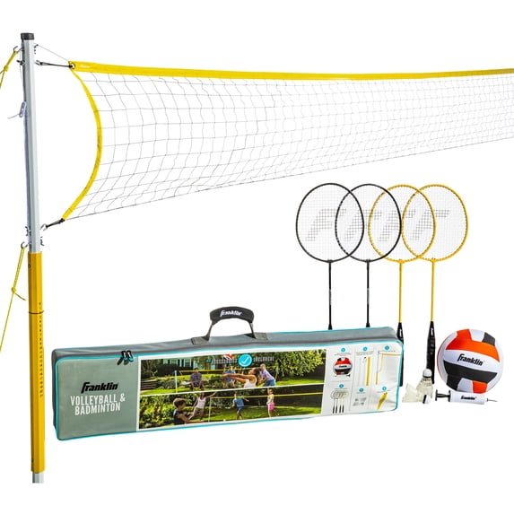 Franklin Sports Volleyball and Badminton Family Set - Volleyball, Pump, Badminton Rackets, Birdies, Net, and Adjustable Polls - Beach or Backyard Setup
