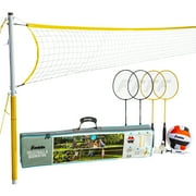 Franklin Sports Volleyball and Badminton Family Set - Volleyball, Pump, Badminton Rackets, Birdies, Net, and Adjustable Polls - Beach or Backyard Setup