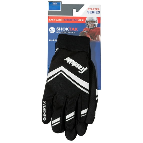 Franklin Sports Youth Football Receiver Gloves - Shoktak Youth Gloves - Kids Football Gloves - High Grip Football Gloves - Black - Youth Small