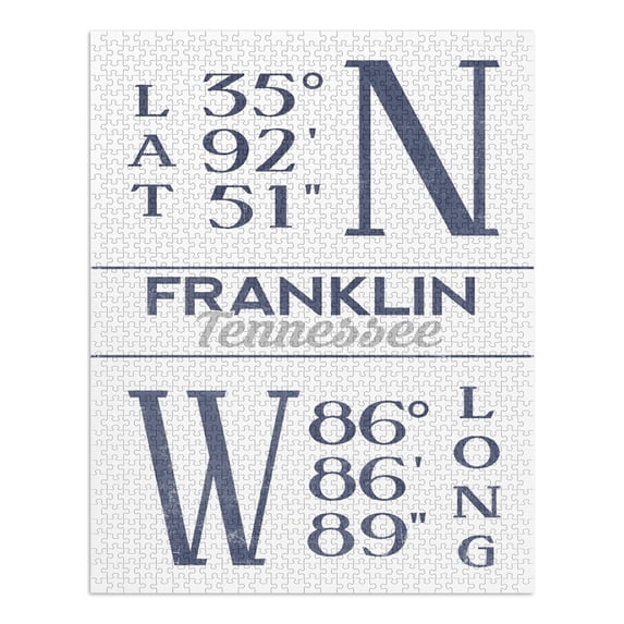 Franklin, Tennessee, Latitude Longitude (Blue) (1000 Piece Puzzle, Size 19x27, Challenging Jigsaw Puzzle for Adults and Family, Made in USA)