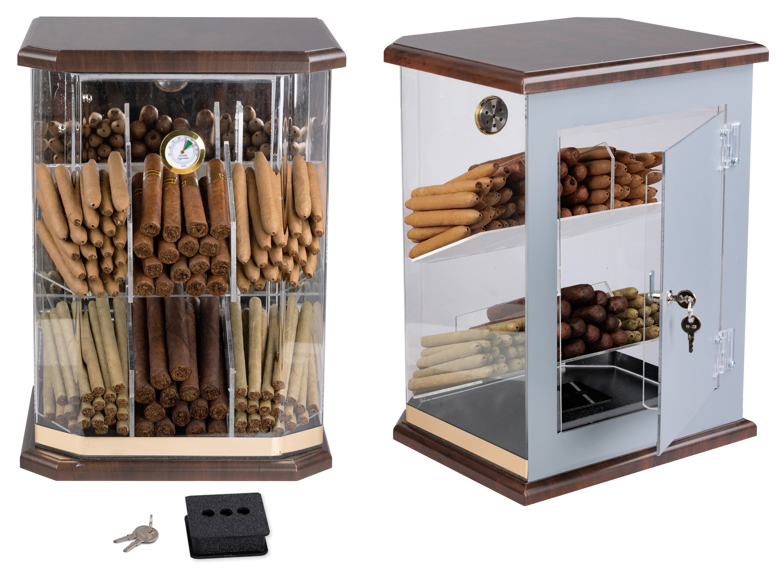 Franklin Wood Acrylic Display Cigar Humidor w/ 6 Bins & Hydrometer - Rich  Solid Wood Top & Base - Capacity: 150
