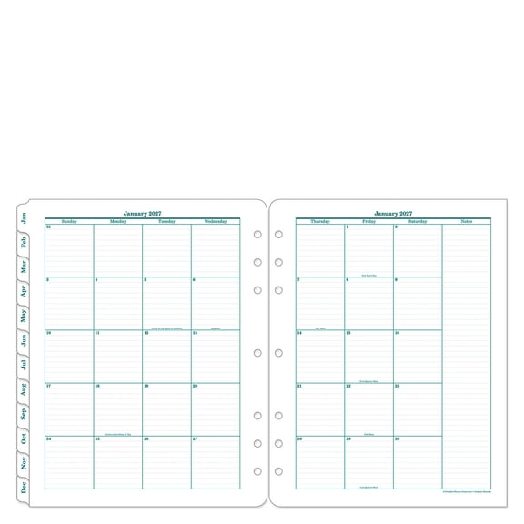 FranklinCovey Original Two-Page Monthly Calendar Tabs (Monarch Size, Jan 2027 - Dec 2027)