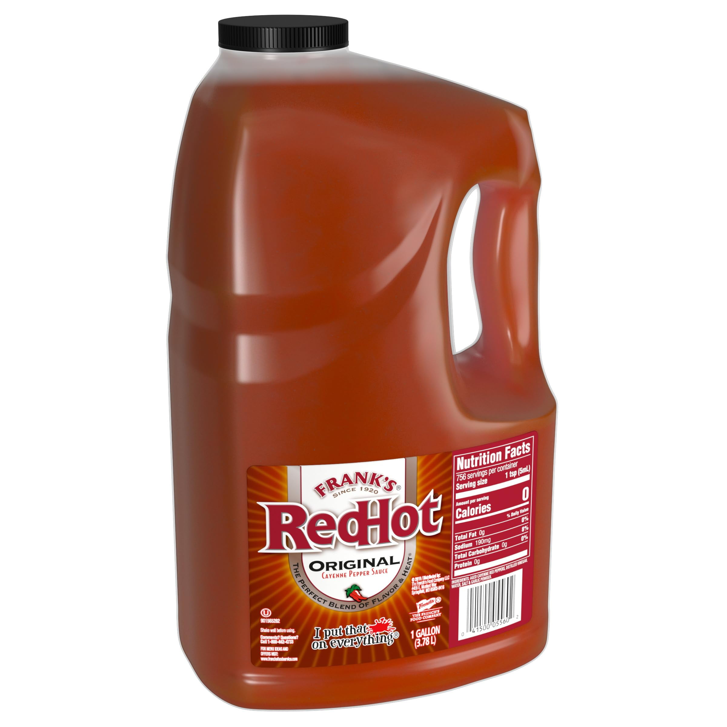 Franks RedHot Original Cayenne Pepper Hot Sauce, 1 gal - One Gallon Bulk Container of Cayenne Pepper Hot Sauce to Add Flavorful Heat to Entrees, Sides, Snacks, and MoreTA1