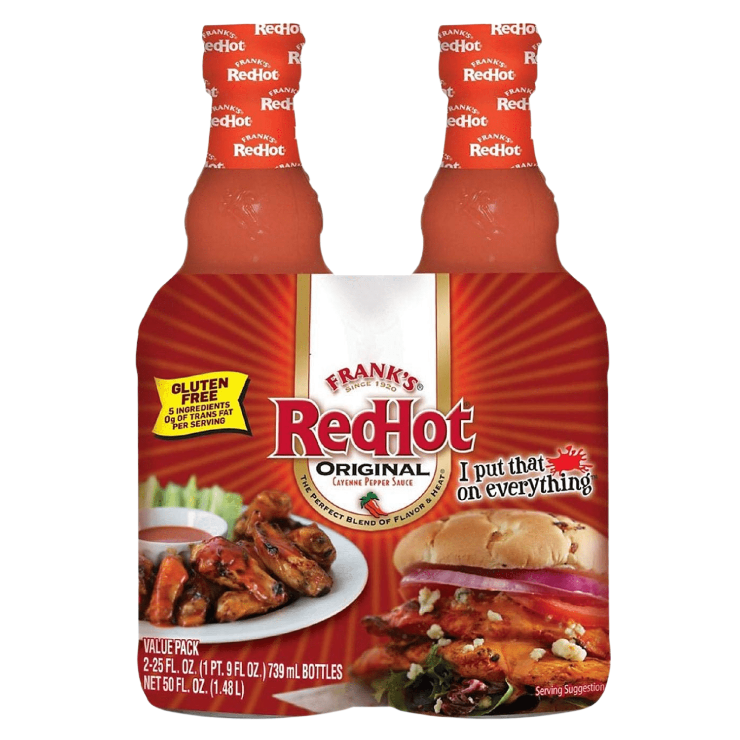 Franks RedHot Original Cayenne Pepper Hot Sauce Condiment with Blend of Flavor and Heat No Calories Fat or Preservatives Great Seasoning for Buffalo Wings Dipping Sauce and Marinade 25 fl oz.Pack of 2
