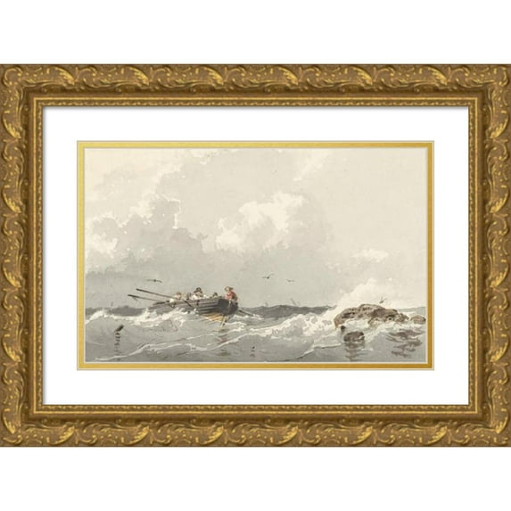 Frans Arnold Breuhaus de Groot 18x13 Gold Ornate Wood Frame and Double Matted Museum Art Print Titled - Rowing Boat at Sea (1834 - 1872)