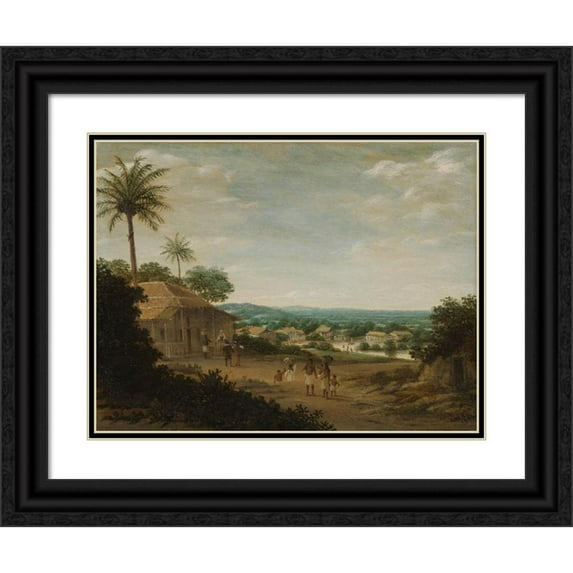 Frans Post 14x12 Black Ornate Wood Framed Double Matted Museum Art Print Titled: Brazilian Village (1675 - 1680)