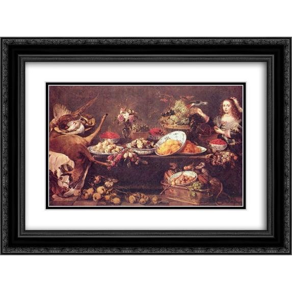 Frans Snyders 2x Matted 24x18 Black Ornate Framed Art Print 'Large still life with a lady and parrot'