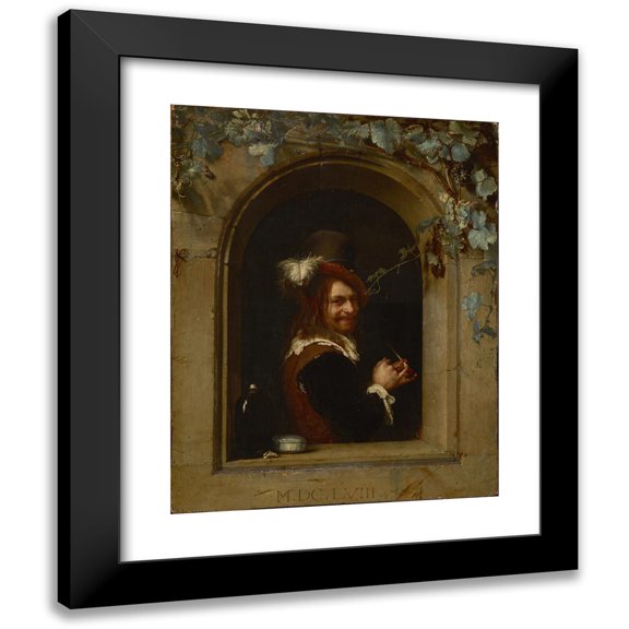 Frans van Mieris the Elder 12x14 Black Modern Framed Museum Art Print Titled - Man with Pipe at the Window (1658)