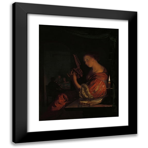 Frans van Mieris the Elder 12x14 Black Modern Framed Museum Art Print Titled - Woman Who Votes a Teorbe (1665)
