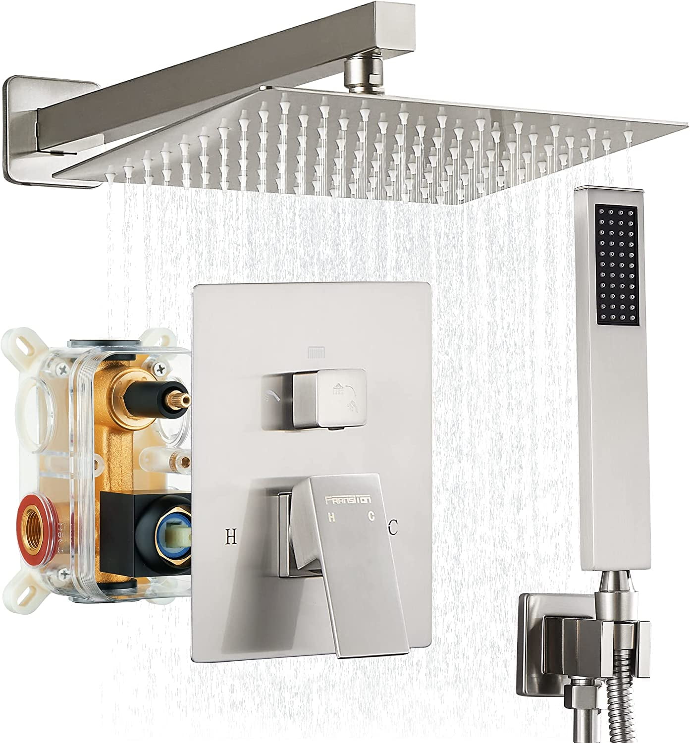 Kede 10 Inches Brushed Nickel Shower System Rain Shower System Set Ceiling Mounted, Rainfall Shower Head with Handheld, Bathroom Shower Kit (Contain Faucet Brass Valve Body and Trim)