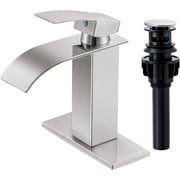 Kede Brushed Nickel Waterfall Bathroom Faucet Lavatory Single Handle 1 or 3 Hole Bathroom Sink Faucet Washbasin Faucet with Deck and Pop-up Drain