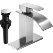 Fransiton Brushed Nickel Waterfall Bathroom Faucet Lavatory Single Handle 1 or 3 Hole Bathroom Sink Faucet Washbasin Faucet with Deck and Pop-up Drain