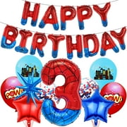 Frantlna Spider Theme Balloons Birthday Decoration Superhero Foil 40inch Large Number 3 and Banner