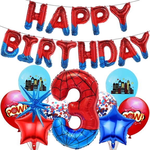 Frantlna Spider Theme Balloons Birthday Decoration Superhero Foil 40inch Large Number 3 and Banner