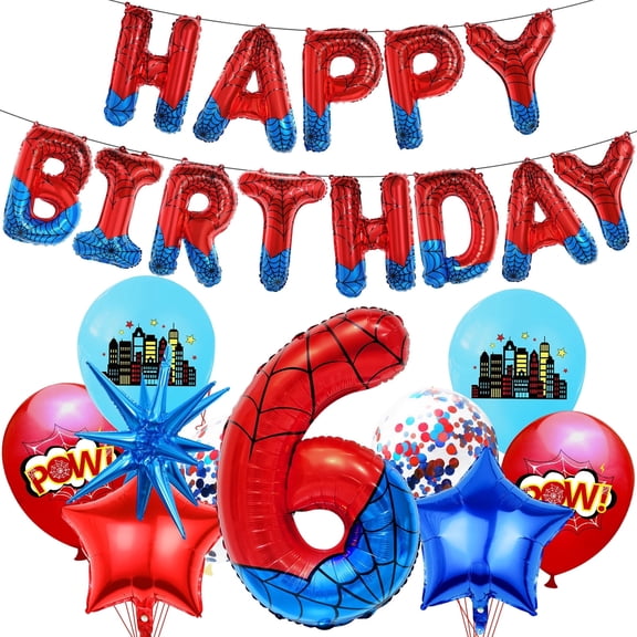 Frantlna Spider Theme Balloons Birthday Decoration Superhero Foil 40inch Large Number 6 and Banner