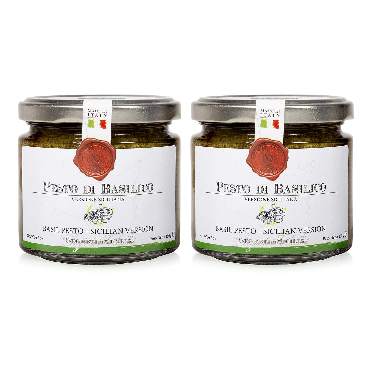 Frantoi Cutrera Classic Basil Pesto Sauce for Pasta and Bruschetta Topping, Creamy Italian Spread With Basil, Pistachio, Almonds, and EVOO, Product of Sicily, Italy Glass Jar, 6.7 oz - Pack of 2